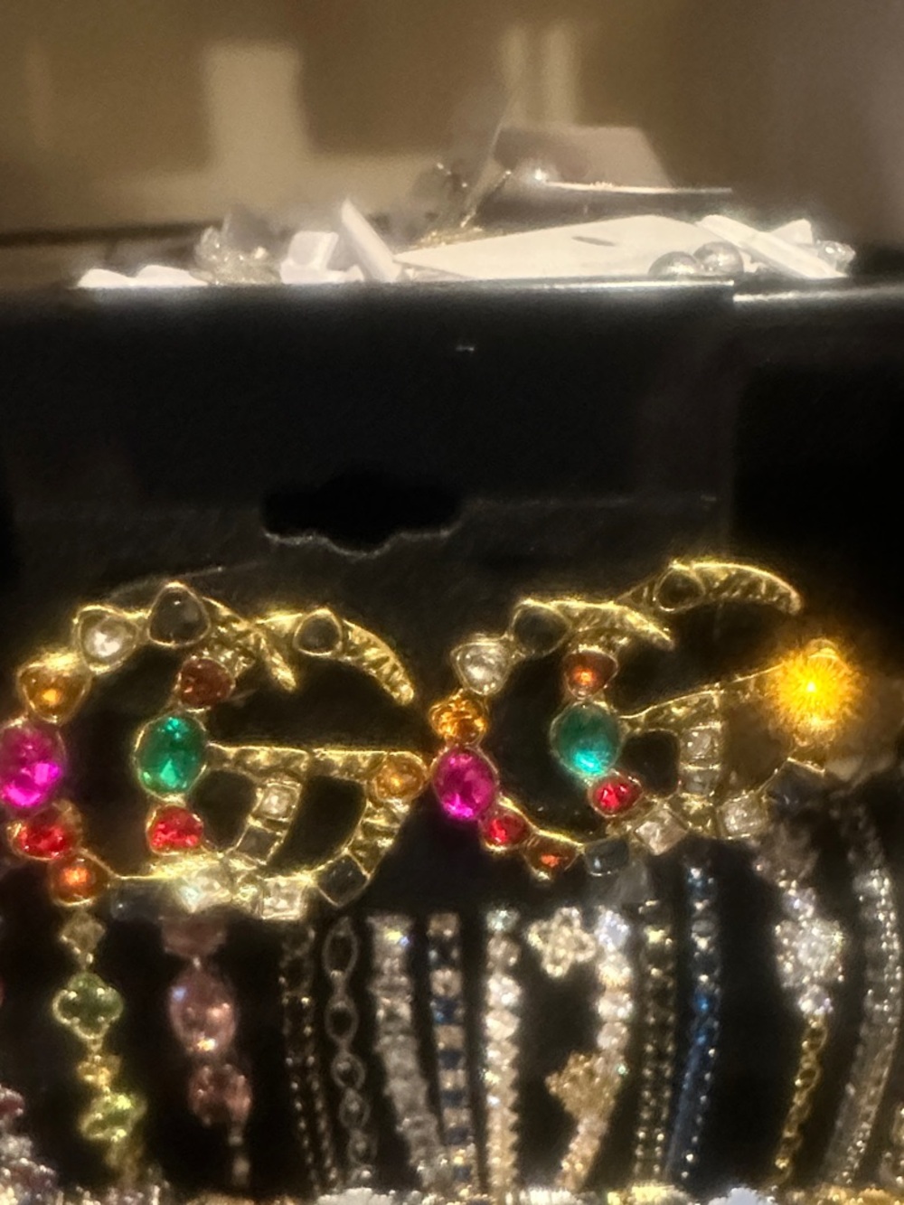 Gold-Tone Multicolor Crystal GG-Style Statement Earrings- Large